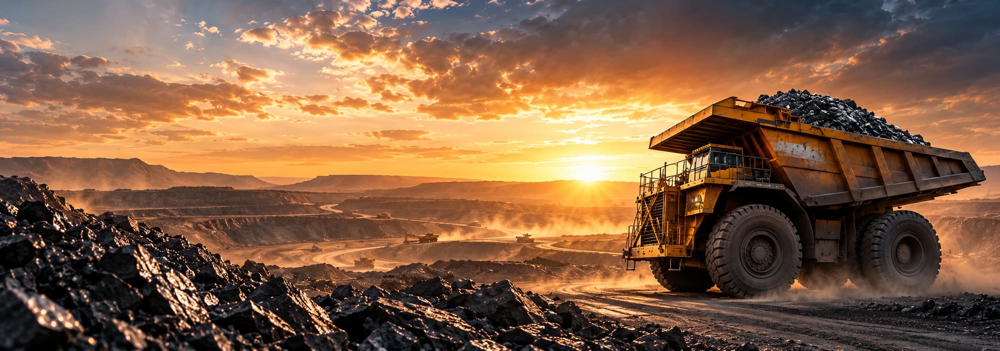 Loaded haul truck crossing an open-pit mine at sunset